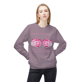 "Check Your Boobs Mine Tried to Kill Me Breast Cancer Awareness" - Unisex Midweight Softstyle Fleece Crewneck Sweatshirt