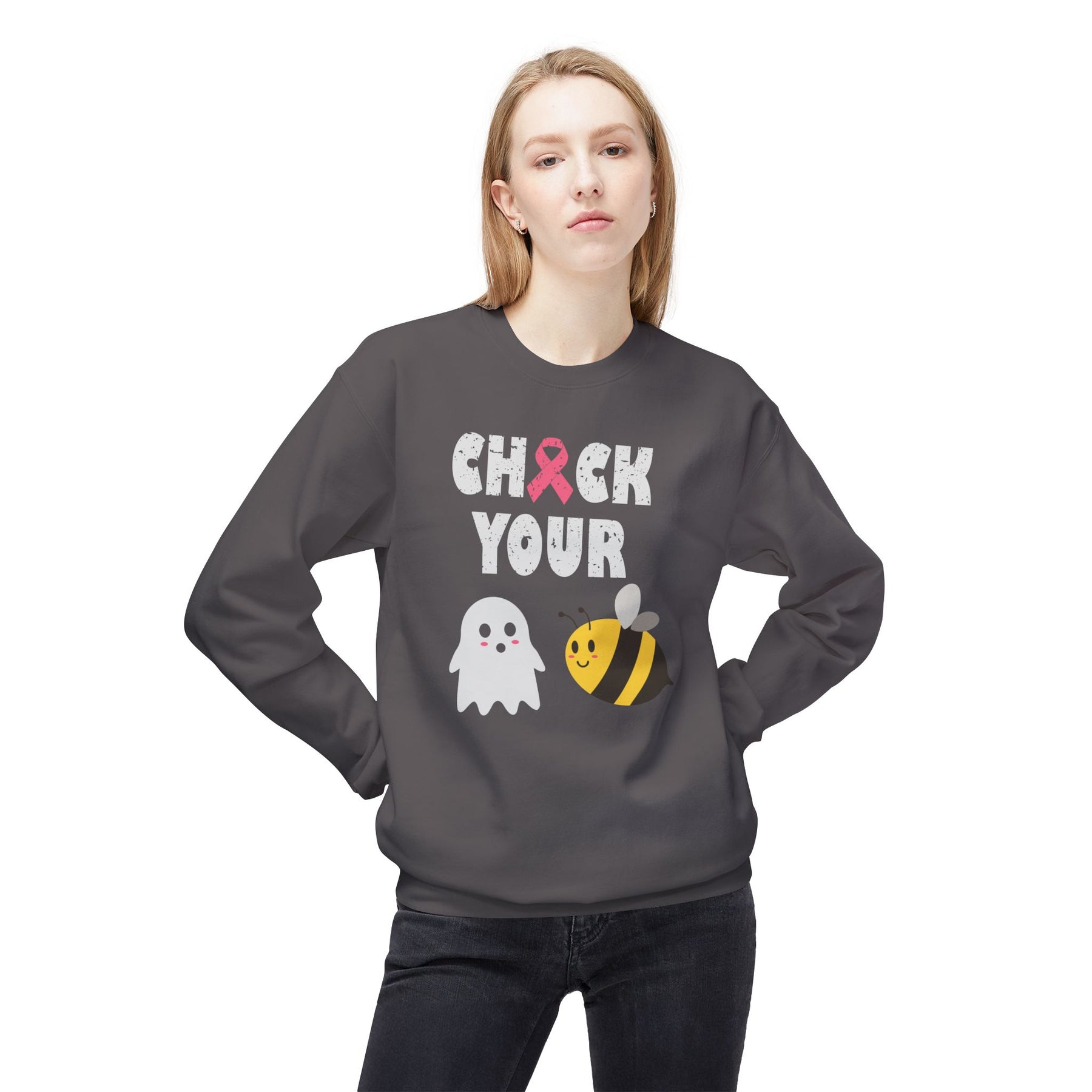 "Check Your 👻 🐝 " Breast Cancer Awareness - Unisex Midweight Softstyle Fleece Crewneck Sweatshirt