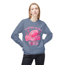 "In October We Wear Pink" Football & Pumpkins Breast Cancer Awareness - Unisex Midweight Softstyle Fleece Crewneck Sweatshirt