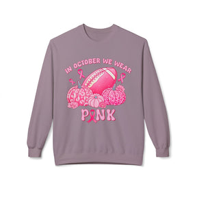 "In October We Wear Pink" Football & Pumpkins Breast Cancer Awareness - Unisex Midweight Softstyle Fleece Crewneck Sweatshirt