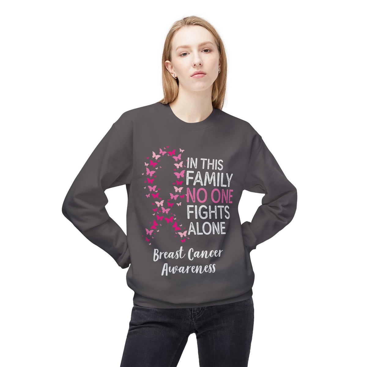 "In This Family No One Fights Alone" with butterfly ribbon Unisex Midweight Softstyle Fleece Crewneck Sweatshirt