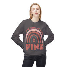 "In October We Wear Pink" with rainbow - Unisex Midweight Softstyle Fleece Crewneck Sweatshirt