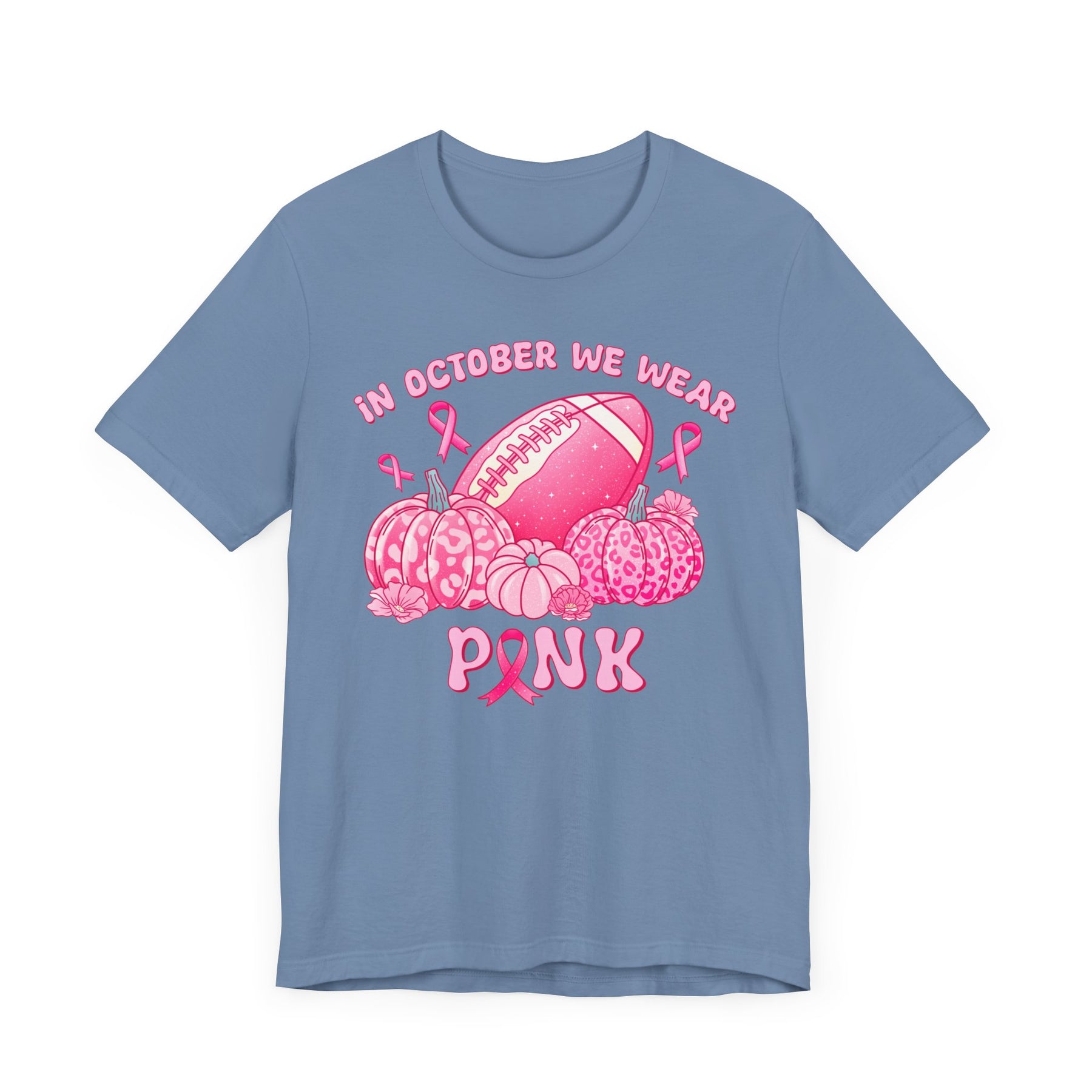 "In October We Wear Pink" Football & Pumpkins (Non-pink shirt options) Breast Cancer Awareness - Unisex Jersey Short Sleeve Tee