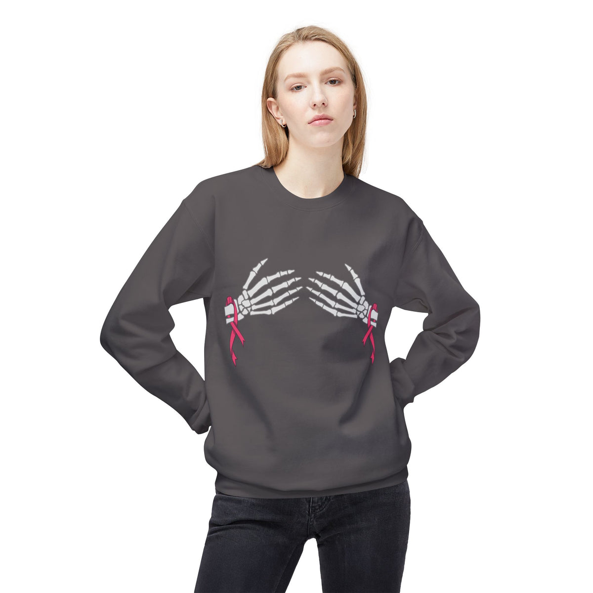 Skeleton Hands with Pink Ribbons - Unisex Midweight Softstyle Fleece Crewneck Sweatshirt