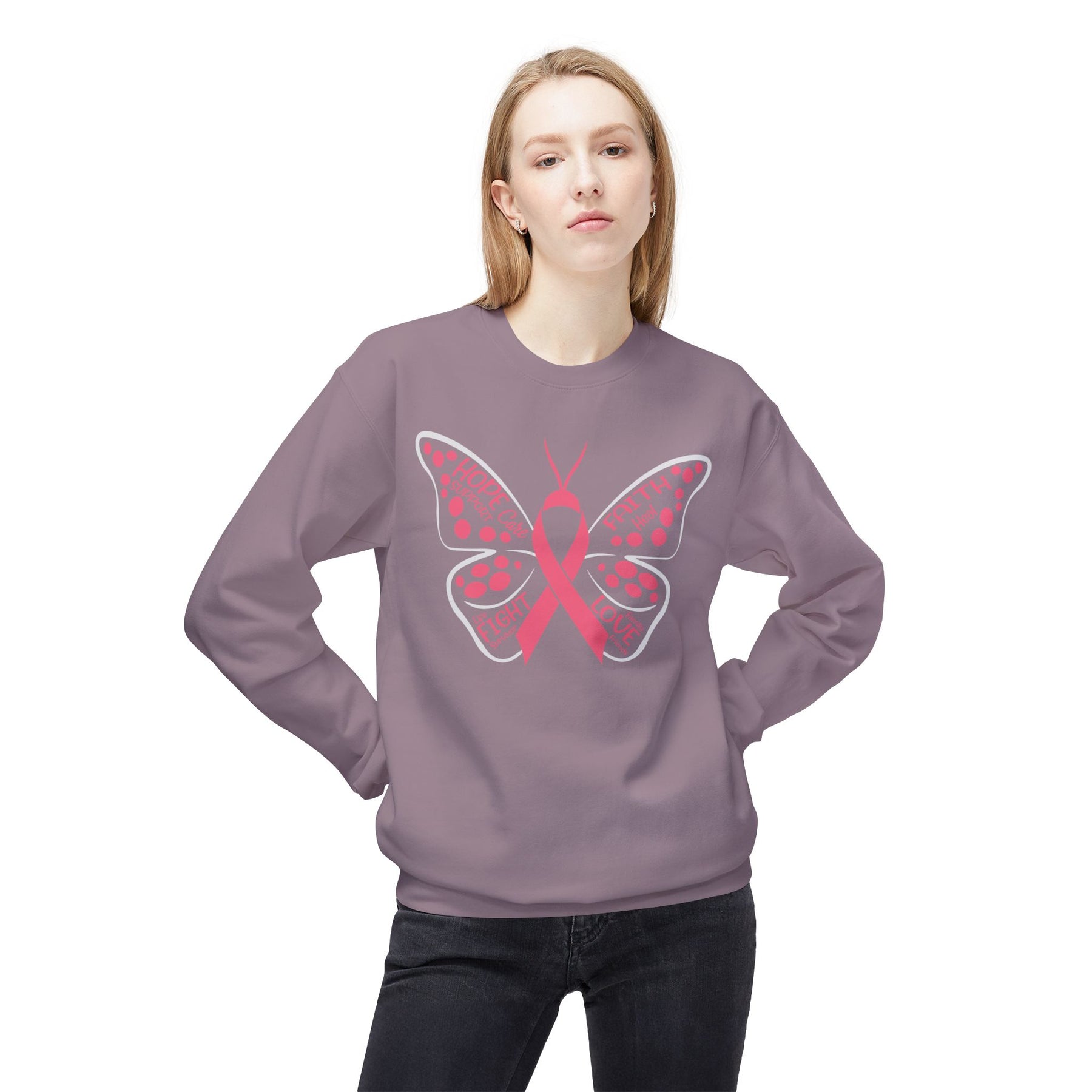 Butterfly Ribbon Breast Cancer Awareness - Unisex Midweight Softstyle Fleece Crewneck Sweatshirt