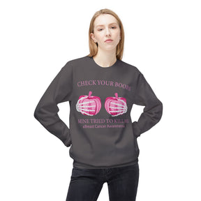 "Check Your Boobs Mine Tried to Kill Me Breast Cancer Awareness" - Unisex Midweight Softstyle Fleece Crewneck Sweatshirt