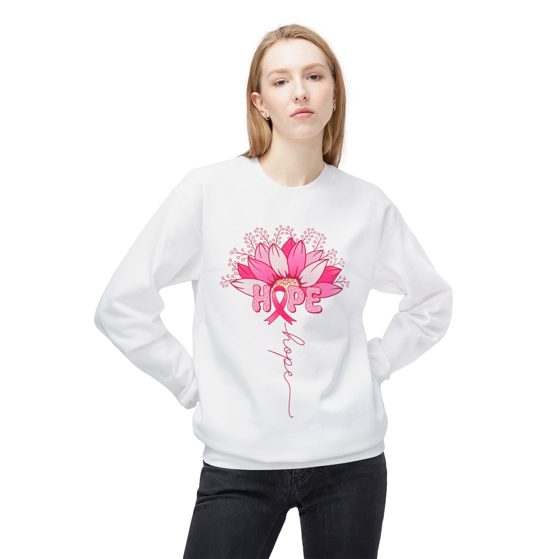 "Hope" Flower Breast Cancer Awareness - Unisex Midweight Softstyle Fleece Crewneck Sweatshirt