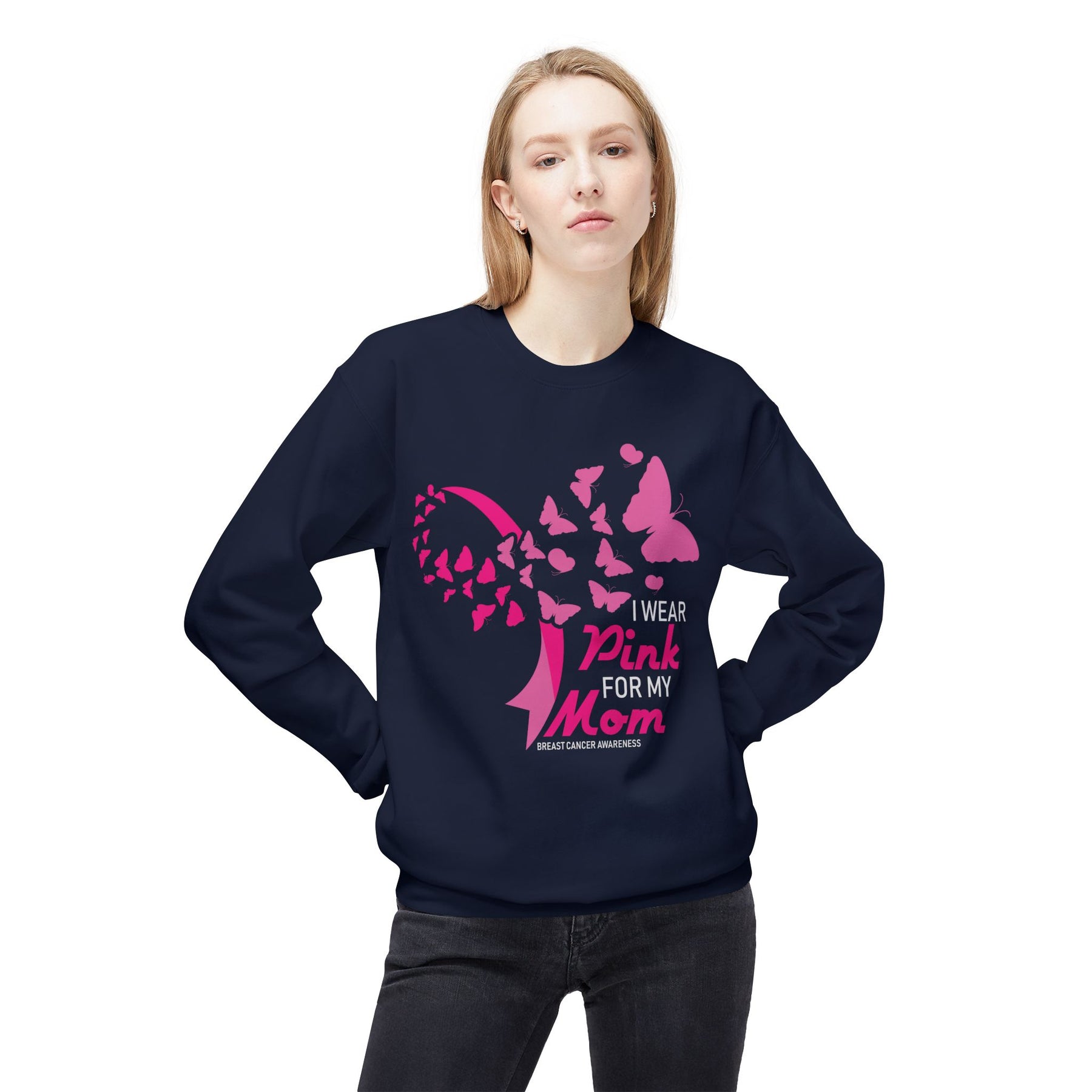 "I Wear Pink For My Mom Breast Cancer Awareness" - Unisex Midweight Softstyle Fleece Crewneck Sweatshirt