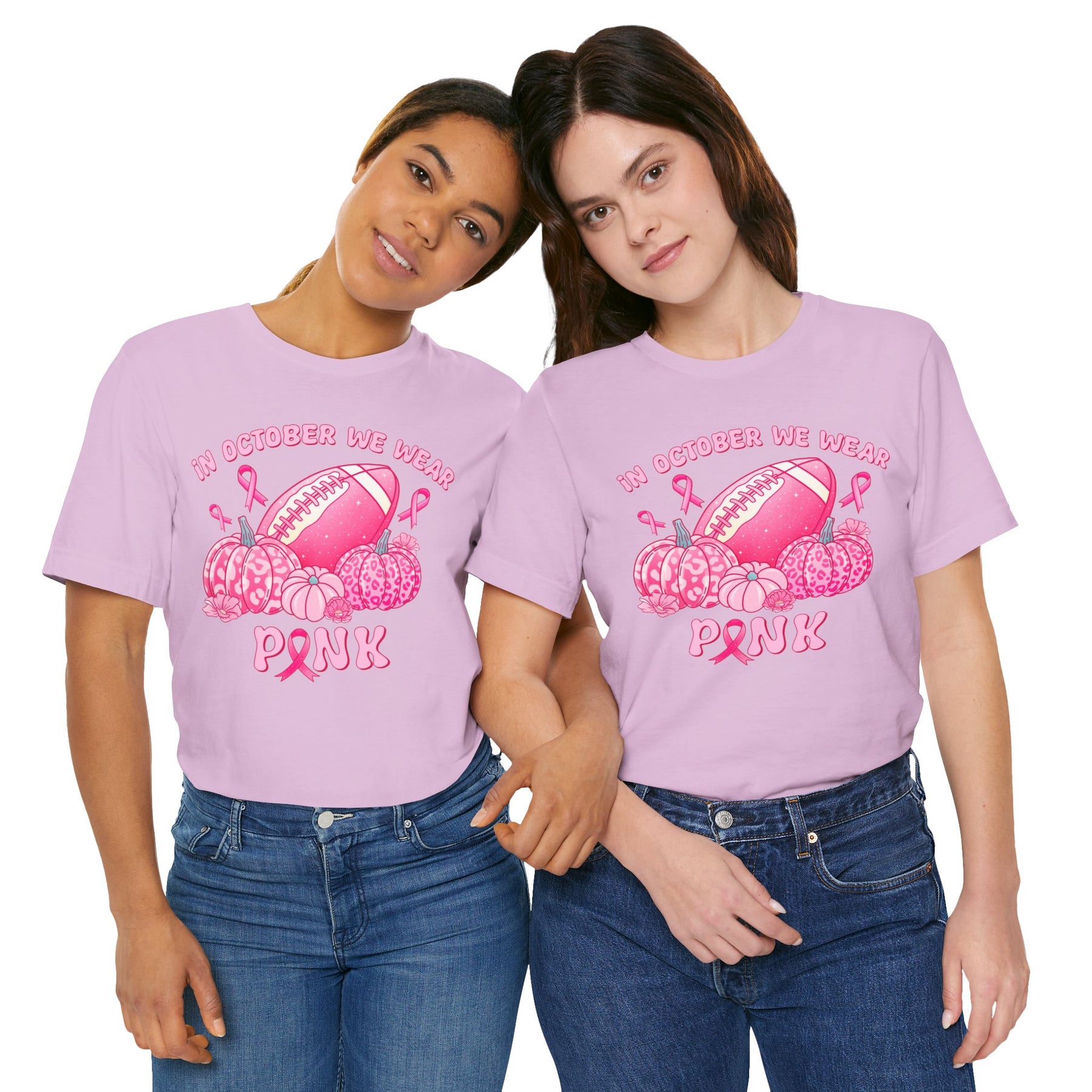 "In October We Wear Pink" Football & Pumpkins Breast Cancer Awareness - Unisex Jersey Short Sleeve Tee