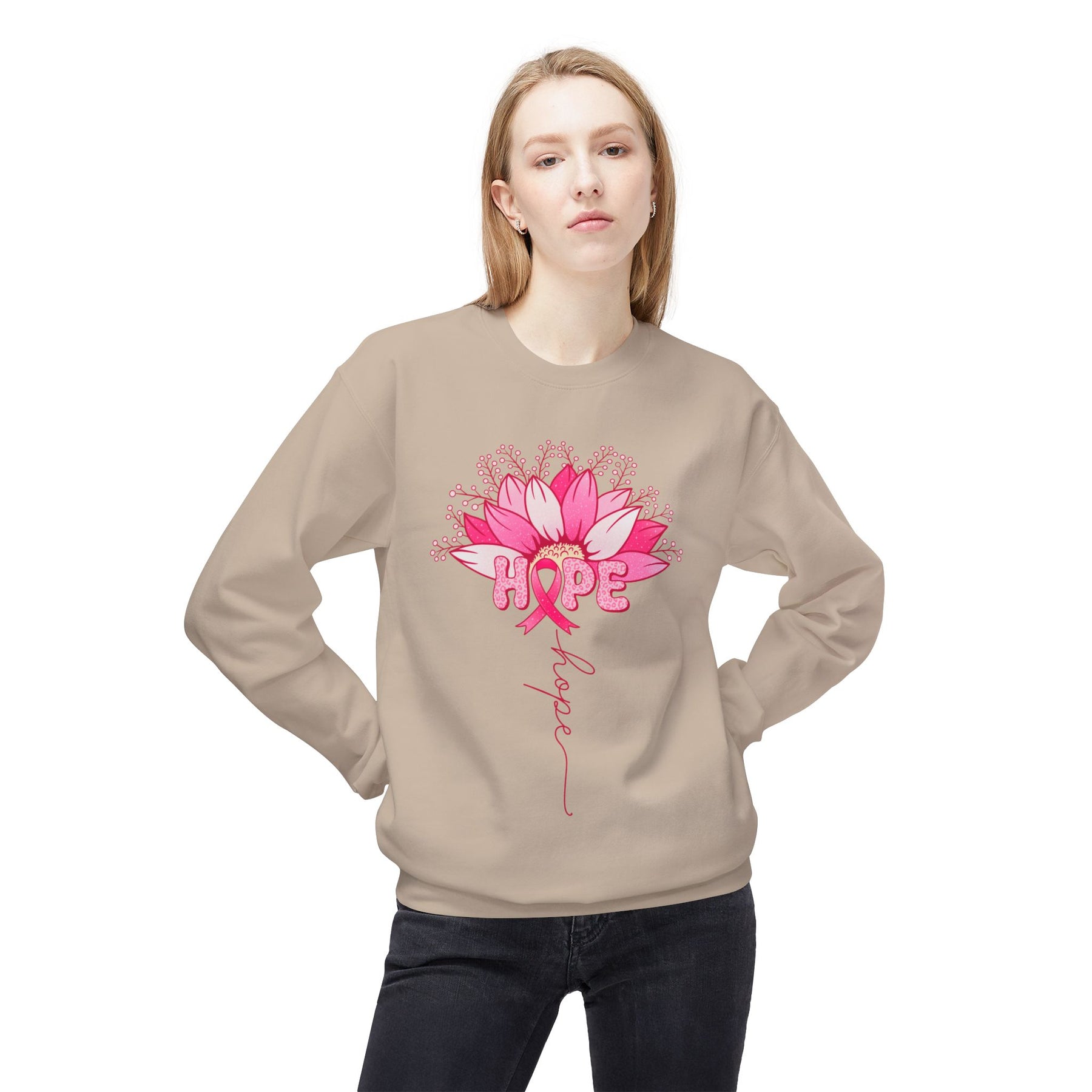 "Hope" Flower Breast Cancer Awareness - Unisex Midweight Softstyle Fleece Crewneck Sweatshirt