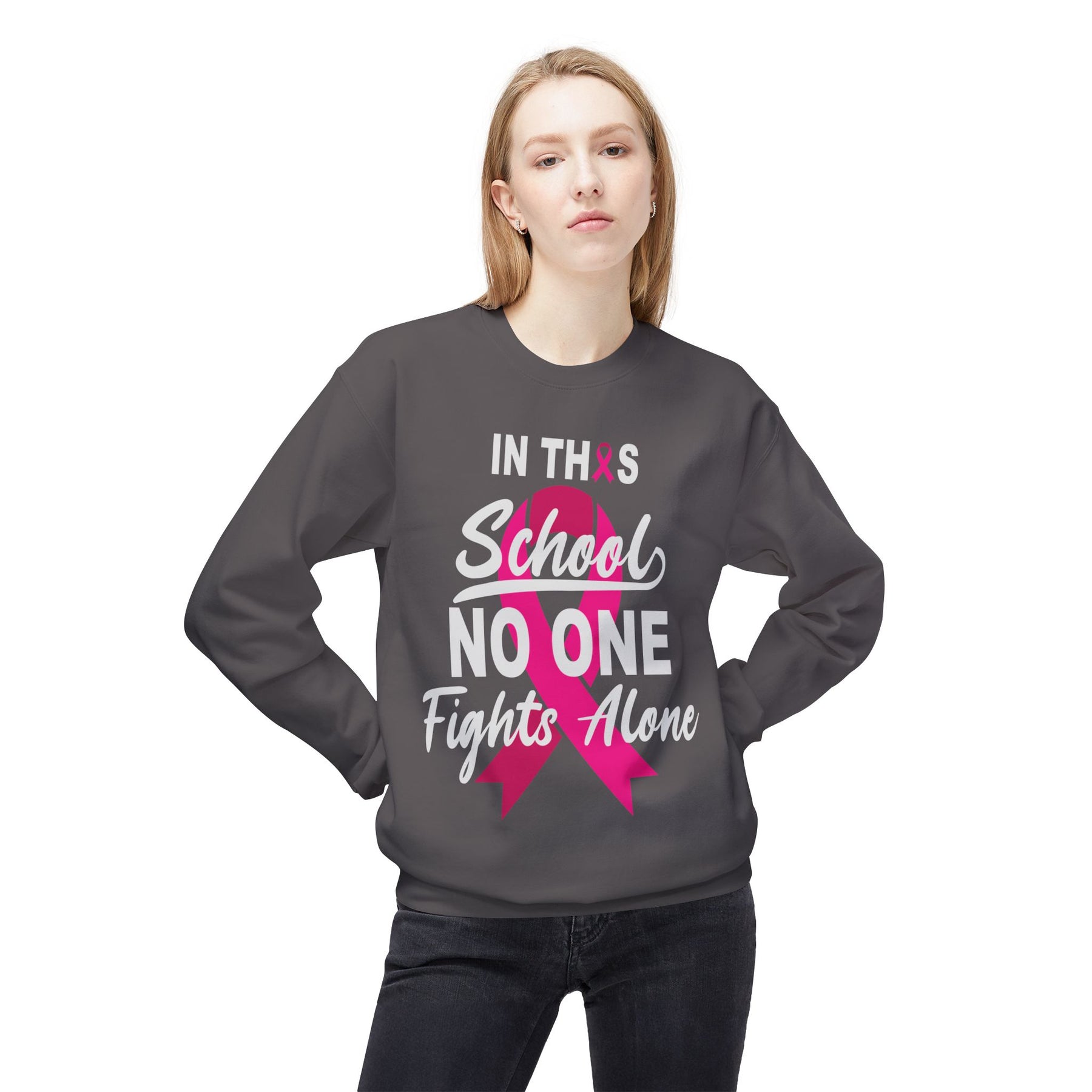 "In This School No One Fights Alone" Breast Cancer Awareness - Unisex Midweight Softstyle Fleece Crewneck Sweatshirt