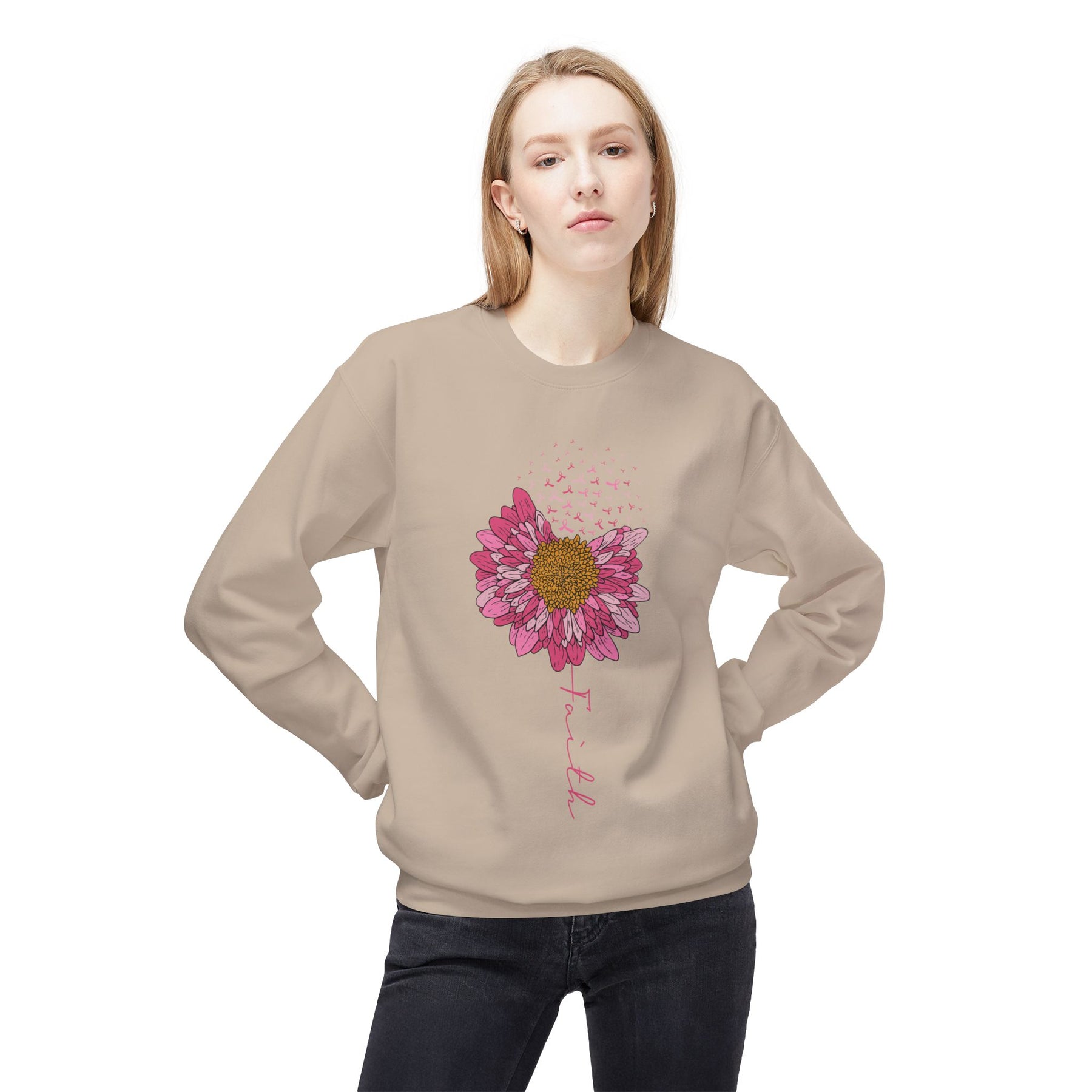 "Faith" Flower and Breast Cancer Ribbons - Unisex Midweight Softstyle Fleece Crewneck Sweatshirt