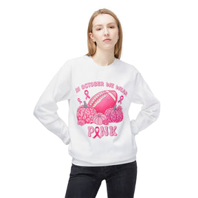 "In October We Wear Pink" Football & Pumpkins Breast Cancer Awareness - Unisex Midweight Softstyle Fleece Crewneck Sweatshirt