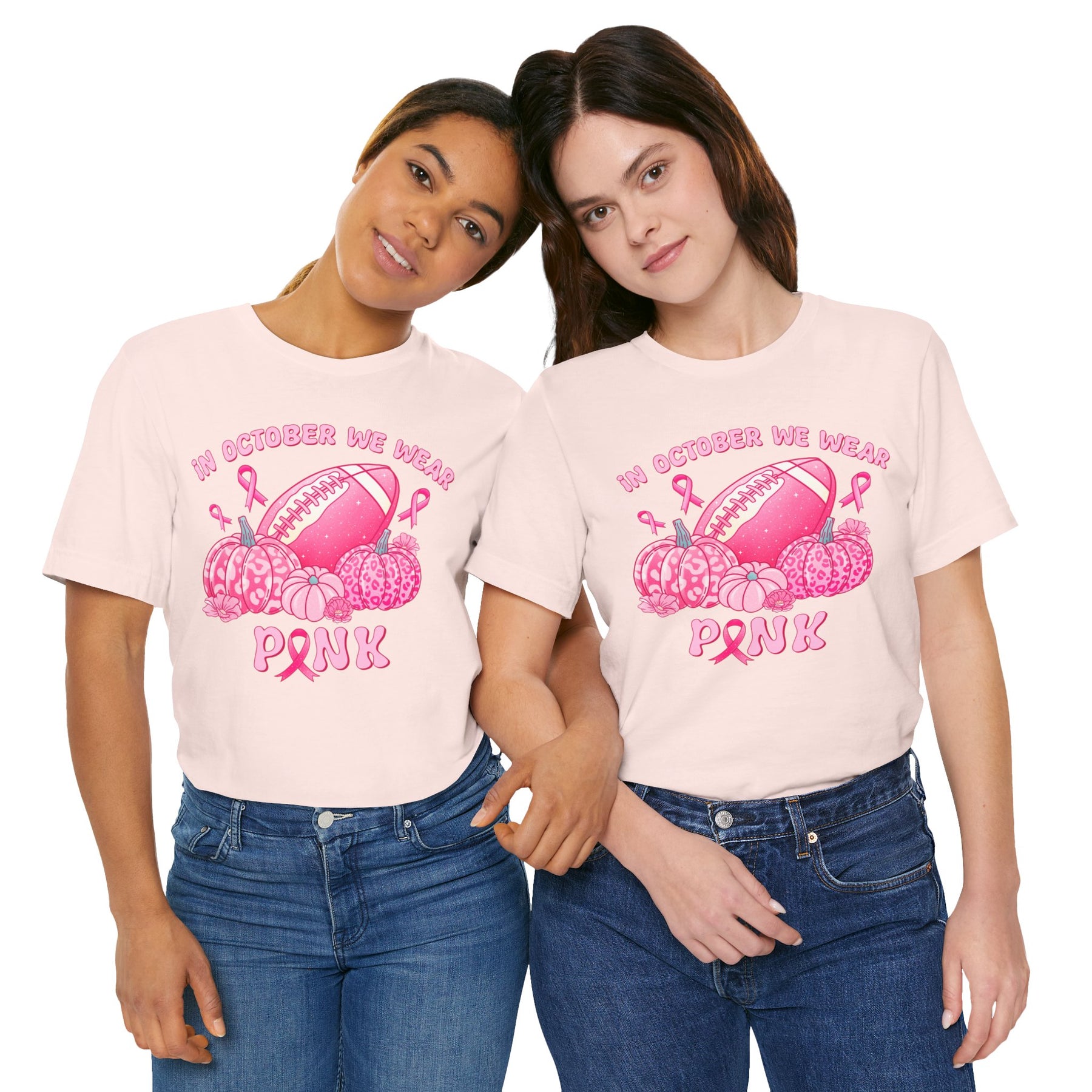 "In October We Wear Pink" Football & Pumpkins Breast Cancer Awareness - Unisex Jersey Short Sleeve Tee