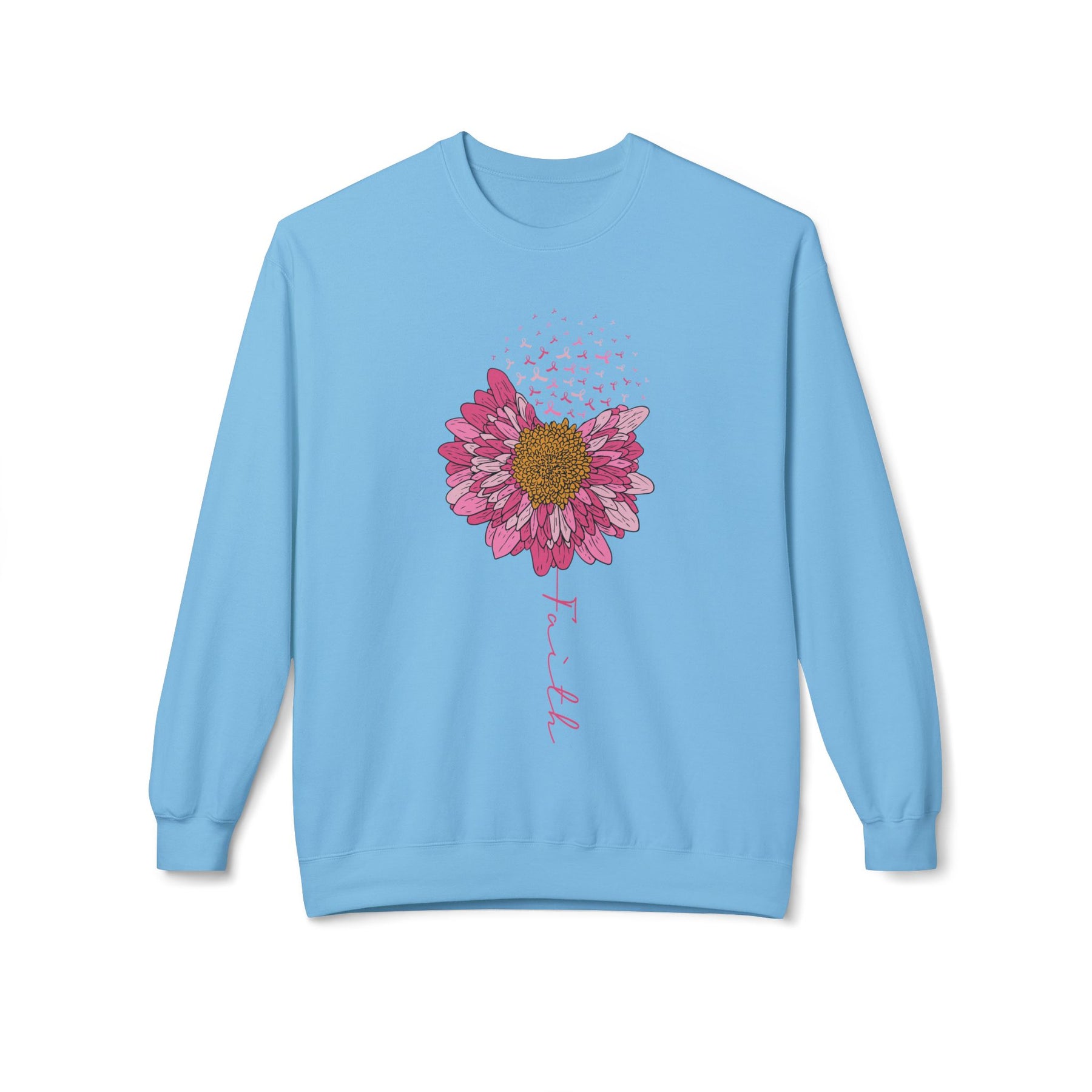 "Faith" Flower and Breast Cancer Ribbons - Unisex Midweight Softstyle Fleece Crewneck Sweatshirt