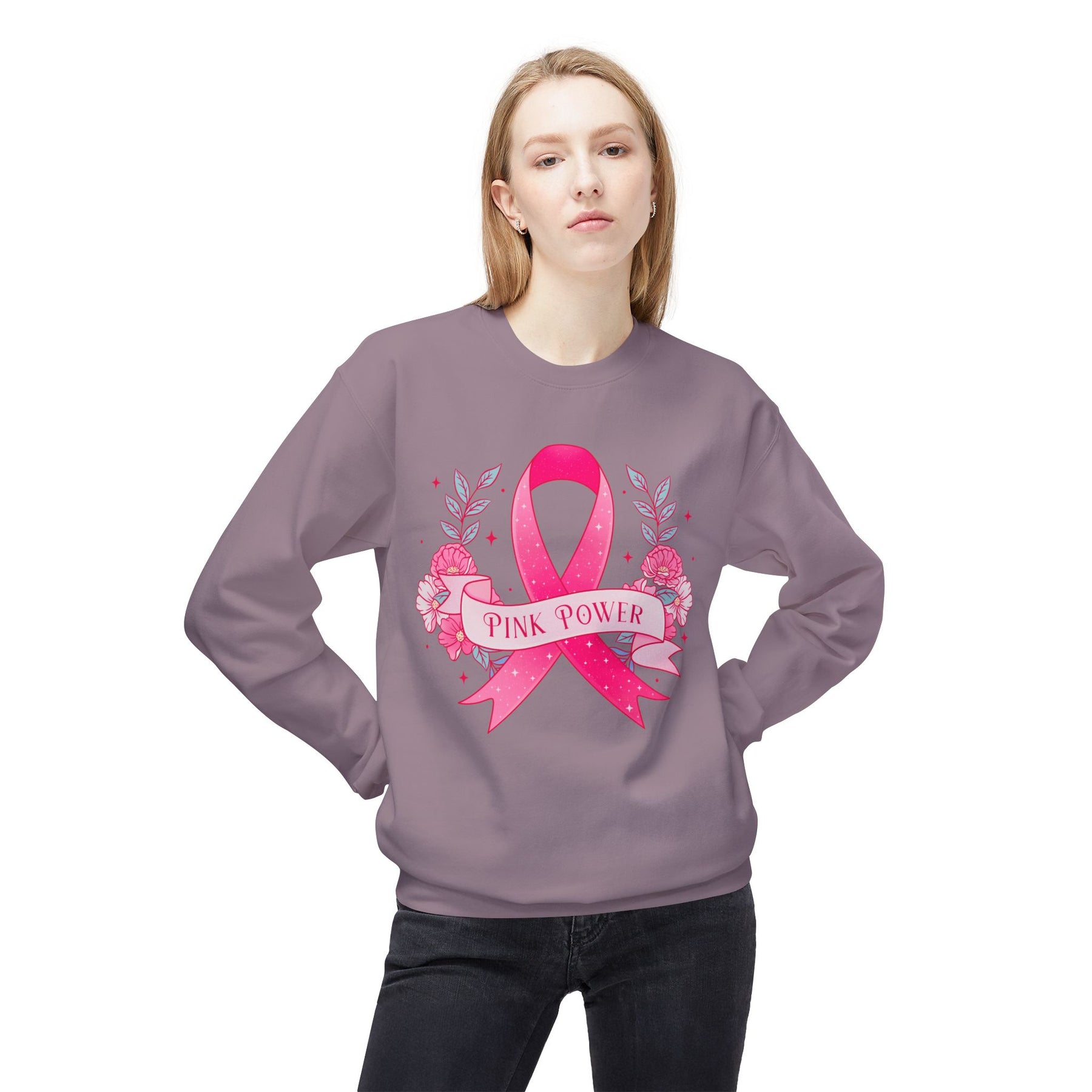 "Pink Power" Breast Cancer Awareness - Unisex Midweight Softstyle Fleece Crewneck Sweatshirt