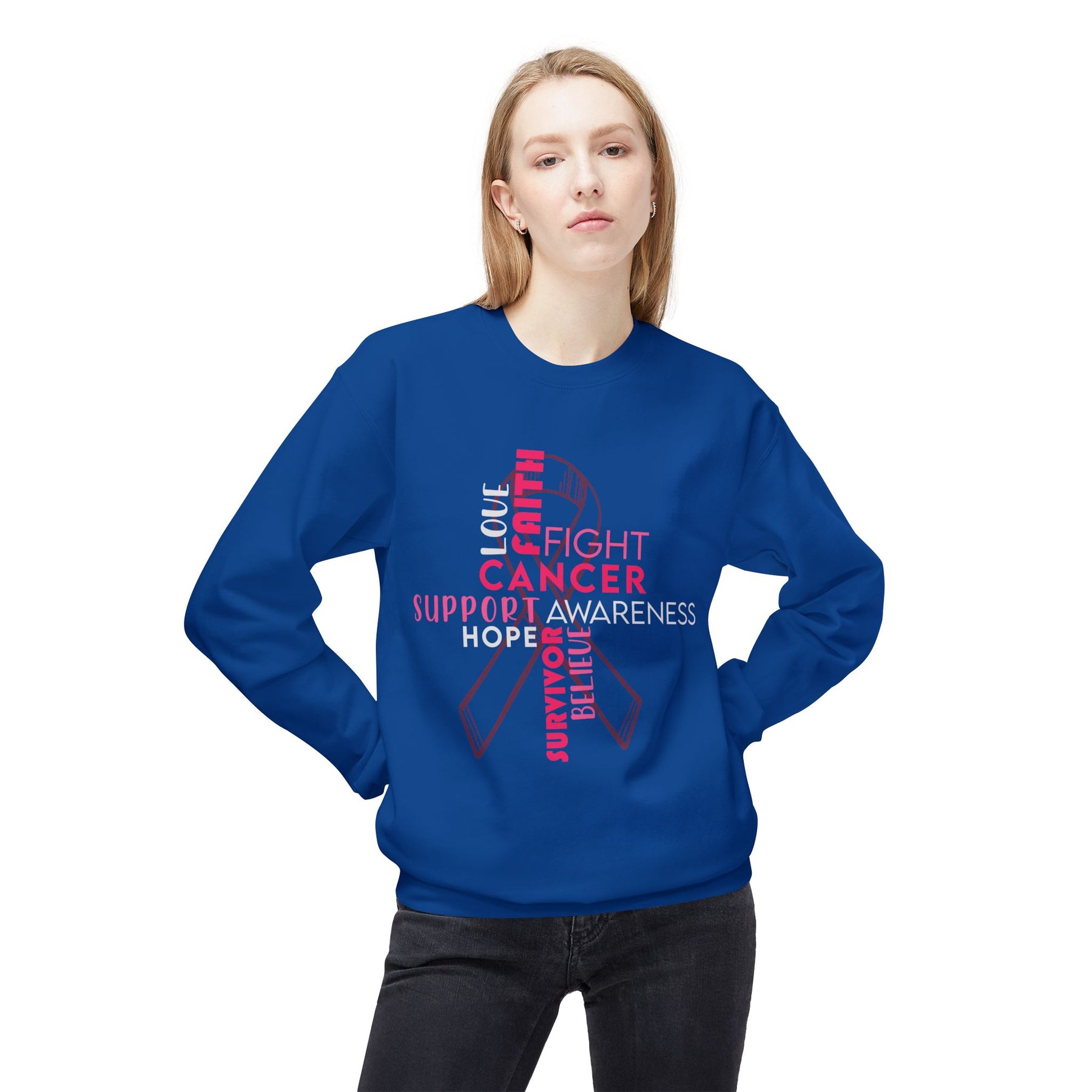 Cross & Ribbon Breast Cancer Awareness - Unisex Midweight Softstyle Fleece Crewneck Sweatshirt